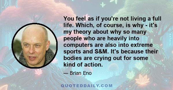 You feel as if you're not living a full life. Which, of course, is why - it's my theory about why so many people who are heavily into computers are also into extreme sports and S&M. It's because their bodies are crying