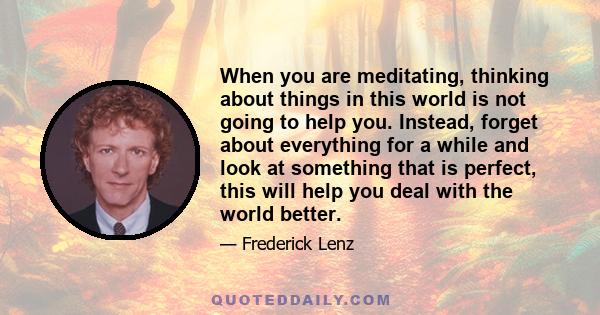 When you are meditating, thinking about things in this world is not going to help you. Instead, forget about everything for a while and look at something that is perfect, this will help you deal with the world better.