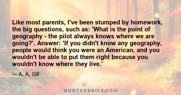 Like most parents, I've been stumped by homework, the big questions, such as: 'What is the point of geography - the pilot always knows where we are going?'. Answer: 'If you didn't know any geography, people would think