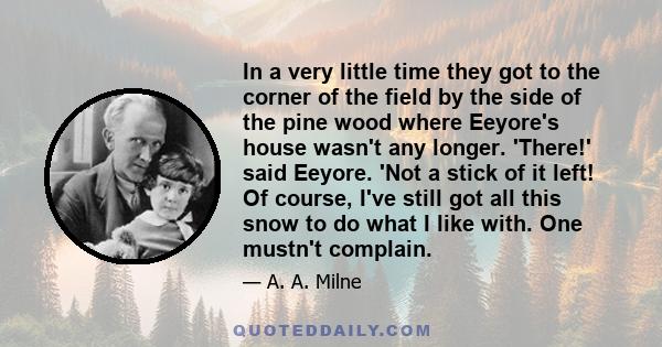 In a very little time they got to the corner of the field by the side of the pine wood where Eeyore's house wasn't any longer. 'There!' said Eeyore. 'Not a stick of it left! Of course, I've still got all this snow to do 