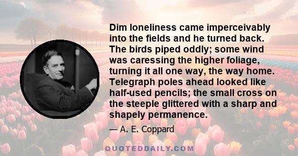 Dim loneliness came imperceivably into the fields and he turned back. The birds piped oddly; some wind was caressing the higher foliage, turning it all one way, the way home. Telegraph poles ahead looked like half-used