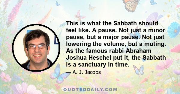 This is what the Sabbath should feel like. A pause. Not just a minor pause, but a major pause. Not just lowering the volume, but a muting. As the famous rabbi Abraham Joshua Heschel put it, the Sabbath is a sanctuary in 