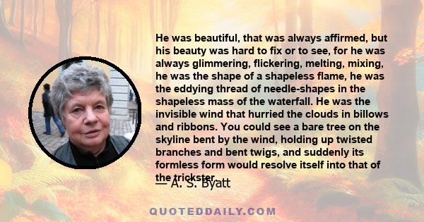 He was beautiful, that was always affirmed, but his beauty was hard to fix or to see, for he was always glimmering, flickering, melting, mixing, he was the shape of a shapeless flame, he was the eddying thread of