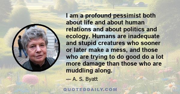 I am a profound pessimist both about life and about human relations and about politics and ecology. Humans are inadequate and stupid creatures who sooner or later make a mess, and those who are trying to do good do a