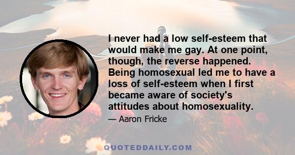 I never had a low self-esteem that would make me gay. At one point, though, the reverse happened. Being homosexual led me to have a loss of self-esteem when I first became aware of society's attitudes about