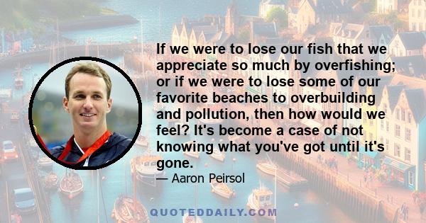 If we were to lose our fish that we appreciate so much by overfishing; or if we were to lose some of our favorite beaches to overbuilding and pollution, then how would we feel? It's become a case of not knowing what