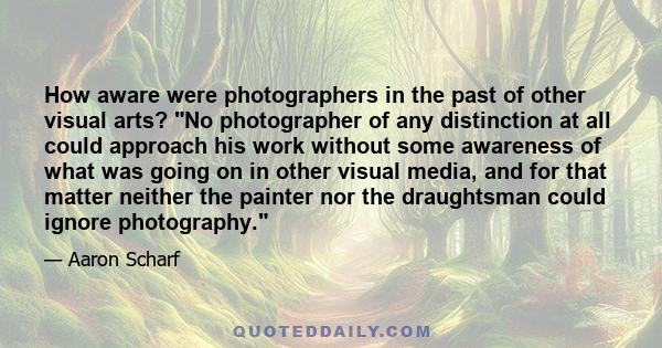 How aware were photographers in the past of other visual arts? No photographer of any distinction at all could approach his work without some awareness of what was going on in other visual media, and for that matter