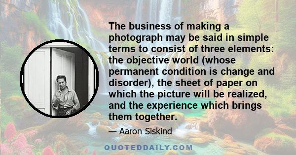 The business of making a photograph may be said in simple terms to consist of three elements: the objective world (whose permanent condition is change and disorder), the sheet of paper on which the picture will be