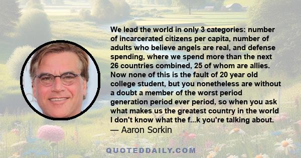 We lead the world in only 3 categories: number of incarcerated citizens per capita, number of adults who believe angels are real, and defense spending, where we spend more than the next 26 countries combined, 25 of whom 