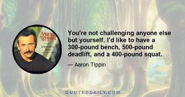 You're not challenging anyone else but yourself. I'd like to have a 300-pound bench, 500-pound deadlift, and a 400-pound squat.