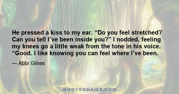 He pressed a kiss to my ear. “Do you feel stretched? Can you tell I’ve been inside you?” I nodded, feeling my knees go a little weak from the tone in his voice. “Good. I like knowing you can feel where I’ve been.