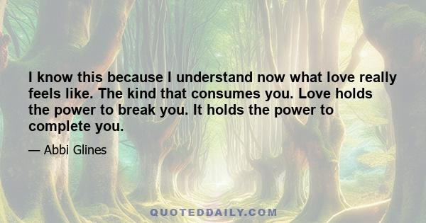 I know this because I understand now what love really feels like. The kind that consumes you. Love holds the power to break you. It holds the power to complete you.