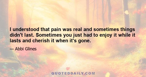 I understood that pain was real and sometimes things didn't last. Sometimes you just had to enjoy it while it lasts and cherish it when it's gone.