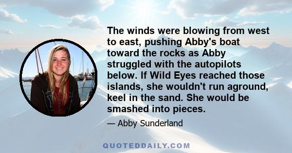 The winds were blowing from west to east, pushing Abby's boat toward the rocks as Abby struggled with the autopilots below. If Wild Eyes reached those islands, she wouldn't run aground, keel in the sand. She would be