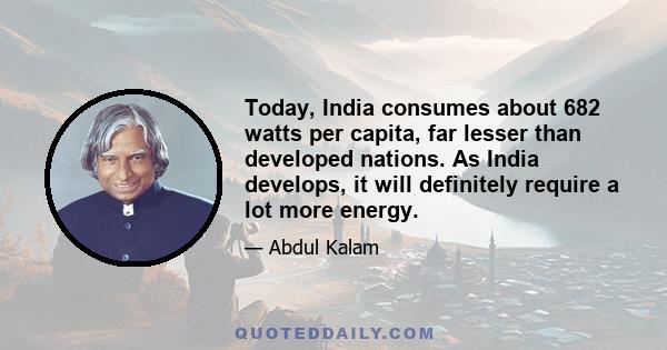 Today, India consumes about 682 watts per capita, far lesser than developed nations. As India develops, it will definitely require a lot more energy.