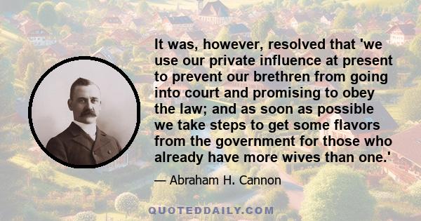 It was, however, resolved that 'we use our private influence at present to prevent our brethren from going into court and promising to obey the law; and as soon as possible we take steps to get some flavors from the