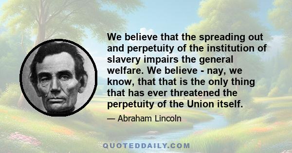 We believe that the spreading out and perpetuity of the institution of slavery impairs the general welfare. We believe - nay, we know, that that is the only thing that has ever threatened the perpetuity of the Union