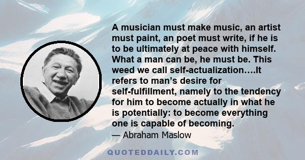 A musician must make music, an artist must paint, an poet must write, if he is to be ultimately at peace with himself. What a man can be, he must be. This weed we call self-actualization….It refers to man’s desire for