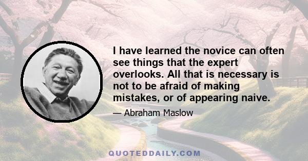 I have learned the novice can often see things that the expert overlooks. All that is necessary is not to be afraid of making mistakes, or of appearing naive.