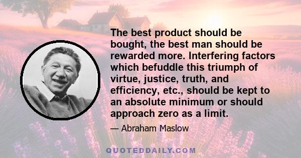 The best product should be bought, the best man should be rewarded more. Interfering factors which befuddle this triumph of virtue, justice, truth, and efficiency, etc., should be kept to an absolute minimum or should