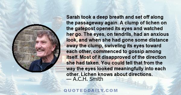 Sarah took a deep breath and set off along the passageway again. A clump of lichen on the gatepost opened its eyes and watched her go. The eyes, on tendrils, had an anxious look, and when she had gone some distance away 