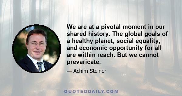 We are at a pivotal moment in our shared history. The global goals of a healthy planet, social equality, and economic opportunity for all are within reach. But we cannot prevaricate.