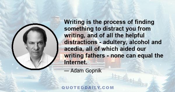 Writing is the process of finding something to distract you from writing, and of all the helpful distractions - adultery, alcohol and acedia, all of which aided our writing fathers - none can equal the Internet.