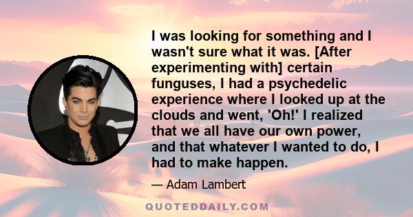 I was looking for something and I wasn't sure what it was. [After experimenting with] certain funguses, I had a psychedelic experience where I looked up at the clouds and went, 'Oh!' I realized that we all have our own