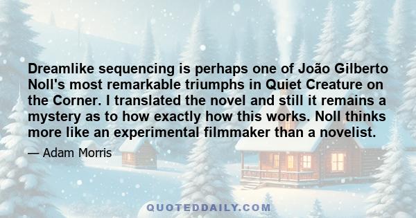 Dreamlike sequencing is perhaps one of João Gilberto Noll's most remarkable triumphs in Quiet Creature on the Corner. I translated the novel and still it remains a mystery as to how exactly how this works. Noll thinks