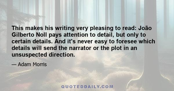 This makes his writing very pleasing to read: João Gilberto Noll pays attention to detail, but only to certain details. And it's never easy to foresee which details will send the narrator or the plot in an unsuspected