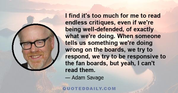 I find it's too much for me to read endless critiques, even if we're being well-defended, of exactly what we're doing. When someone tells us something we're doing wrong on the boards, we try to respond, we try to be