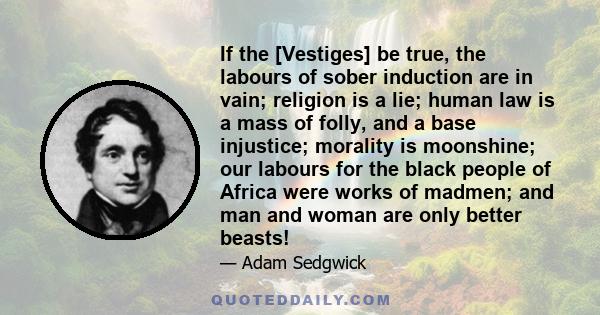 If the [Vestiges] be true, the labours of sober induction are in vain; religion is a lie; human law is a mass of folly, and a base injustice; morality is moonshine; our labours for the black people of Africa were works