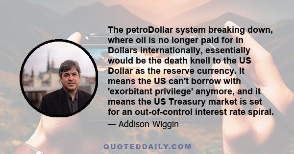 The petroDollar system breaking down, where oil is no longer paid for in Dollars internationally, essentially would be the death knell to the US Dollar as the reserve currency. It means the US can't borrow with