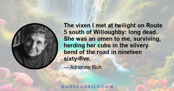 The vixen I met at twilight on Route 5 south of Willoughby: long dead. She was an omen to me, surviving, herding her cubs in the silvery bend of the road in nineteen sixty-five.