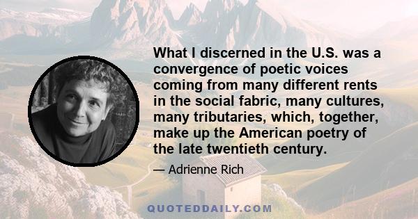 What I discerned in the U.S. was a convergence of poetic voices coming from many different rents in the social fabric, many cultures, many tributaries, which, together, make up the American poetry of the late twentieth