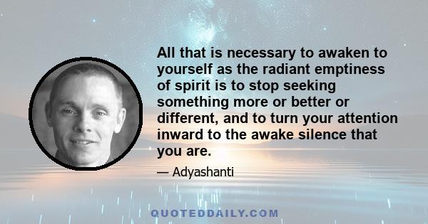 All that is necessary to awaken to yourself as the radiant emptiness of spirit is to stop seeking something more or better or different, and to turn your attention inward to the awake silence that you are.