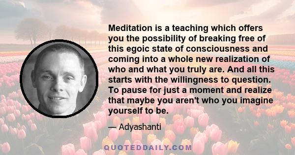 Meditation is a teaching which offers you the possibility of breaking free of this egoic state of consciousness and coming into a whole new realization of who and what you truly are. And all this starts with the