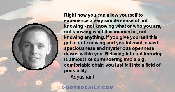 Right now you can allow yourself to experience a very simple sense of not knowing - not knowing what or who you are, not knowing what this moment is, not knowing anything. If you give yourself this gift of not knowing