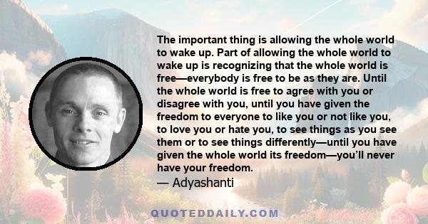 The important thing is allowing the whole world to wake up. Part of allowing the whole world to wake up is recognizing that the whole world is free—everybody is free to be as they are. Until the whole world is free to