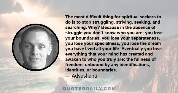 The most difficult thing for spiritual seekers to do is to stop struggling, striving, seeking, and searching. Why? Because in the absence of struggle you don't know who you are; you lose your boundaries, you lose your