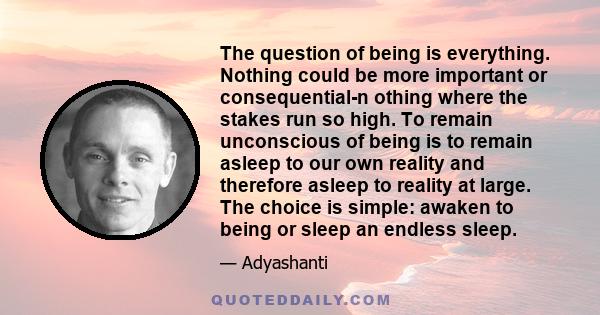 The question of being is everything. Nothing could be more important or consequential-n othing where the stakes run so high. To remain unconscious of being is to remain asleep to our own reality and therefore asleep to