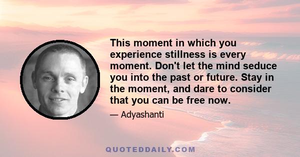 This moment in which you experience stillness is every moment. Don't let the mind seduce you into the past or future. Stay in the moment, and dare to consider that you can be free now.