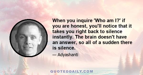 When you inquire 'Who am I?' if you are honest, you'll notice that it takes you right back to silence instantly. The brain doesn't have an answer, so all of a sudden there is silence.