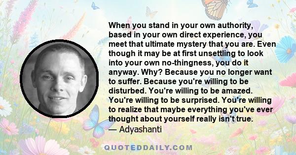 When you stand in your own authority, based in your own direct experience, you meet that ultimate mystery that you are. Even though it may be at first unsettling to look into your own no-thingness, you do it anyway.