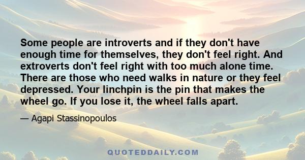 Some people are introverts and if they don't have enough time for themselves, they don't feel right. And extroverts don't feel right with too much alone time. There are those who need walks in nature or they feel