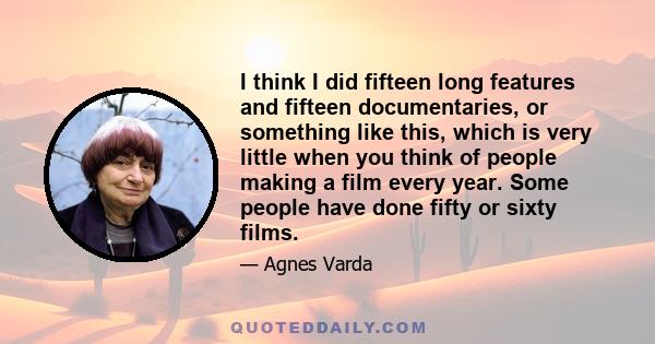 I think I did fifteen long features and fifteen documentaries, or something like this, which is very little when you think of people making a film every year. Some people have done fifty or sixty films.