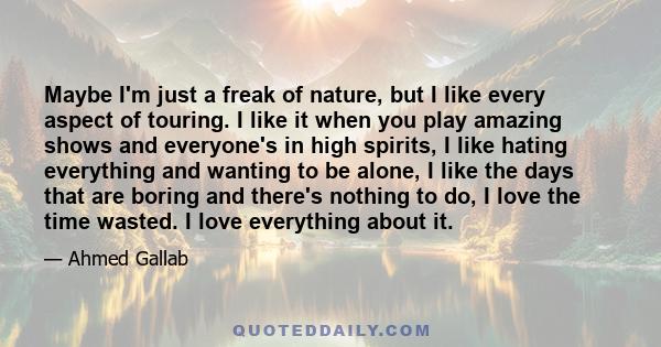 Maybe I'm just a freak of nature, but I like every aspect of touring. I like it when you play amazing shows and everyone's in high spirits, I like hating everything and wanting to be alone, I like the days that are