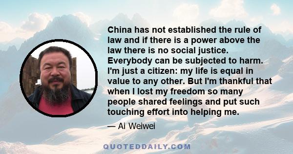 China has not established the rule of law and if there is a power above the law there is no social justice. Everybody can be subjected to harm. I'm just a citizen: my life is equal in value to any other. But I'm