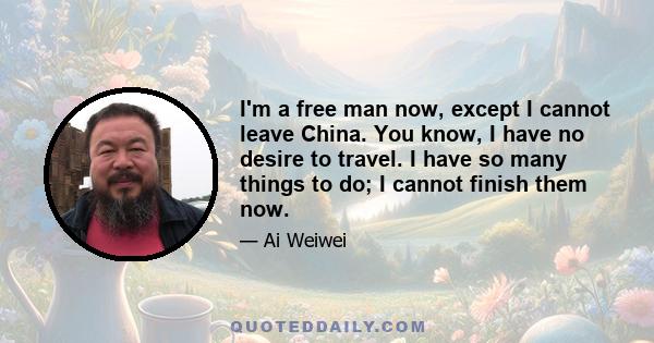 I'm a free man now, except I cannot leave China. You know, I have no desire to travel. I have so many things to do; I cannot finish them now.