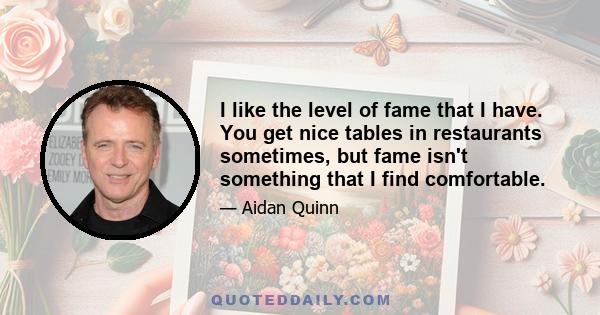 I like the level of fame that I have. You get nice tables in restaurants sometimes, but fame isn't something that I find comfortable.